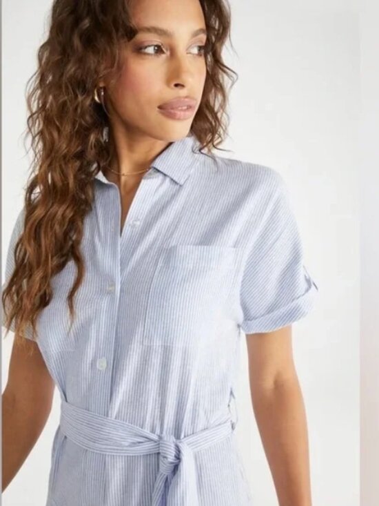 JustFab Dresses & Skirts - JustFab Linen Shirt Dress size XXL fits XL fits XL Blue White Stripes